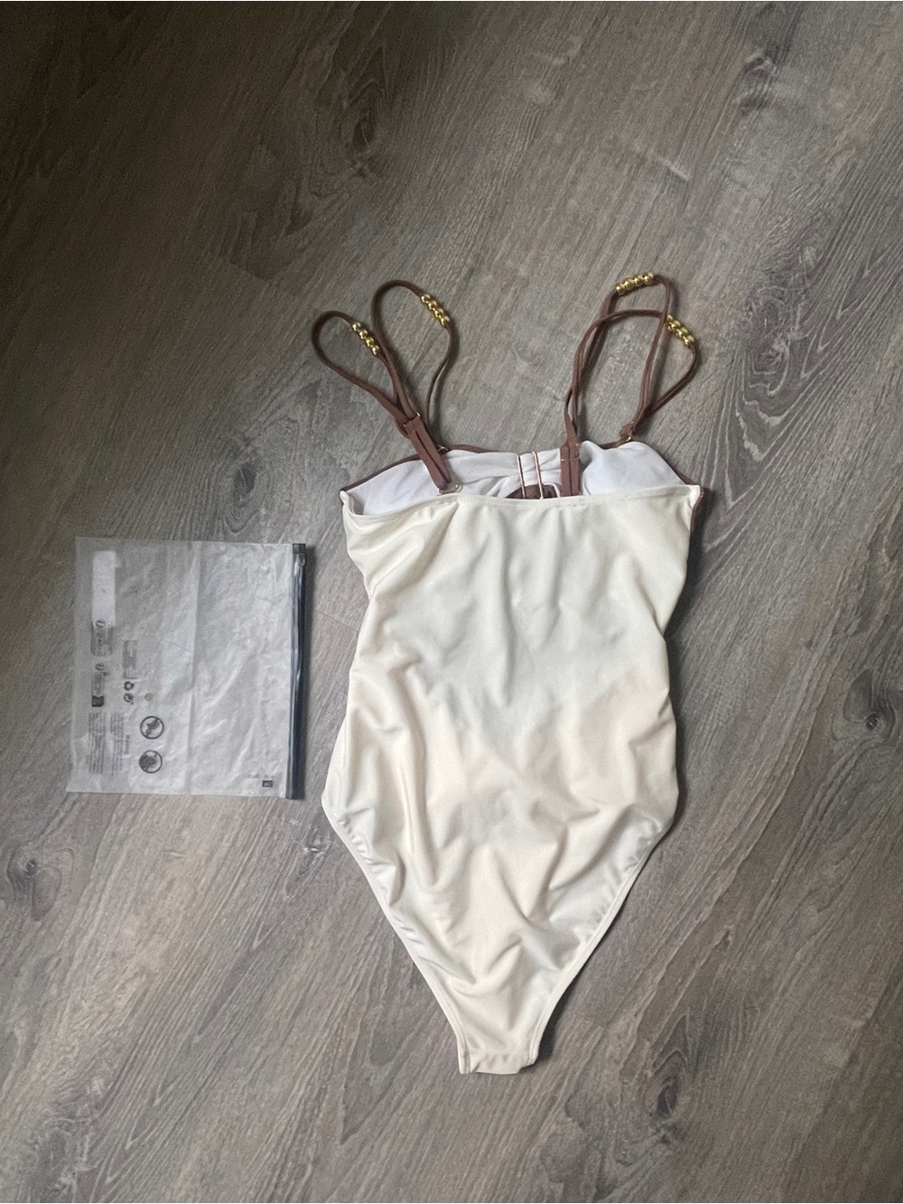 Amazon Women One-Piece Swimsuit in Brown, Beige & Cream with Gold Accents - Picture 3 of 3